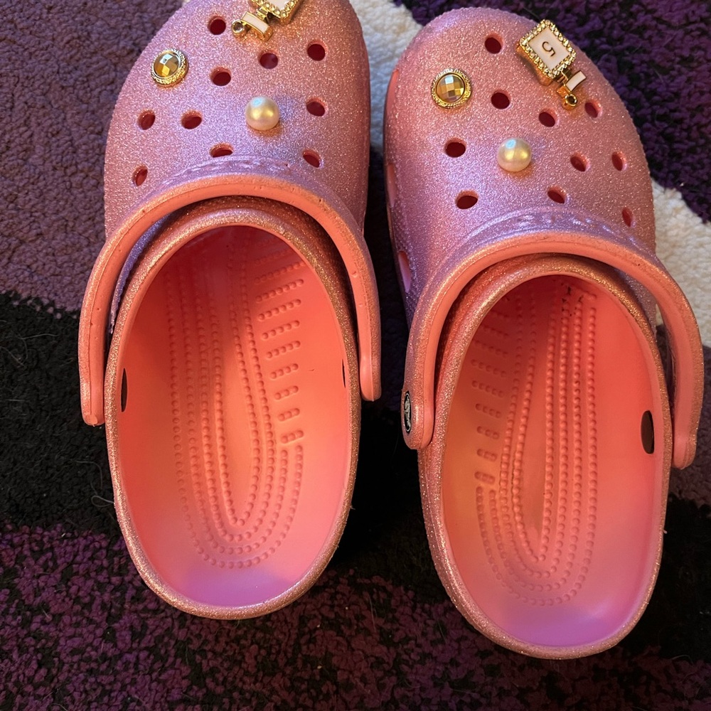 Crocs Glitter Pink Slip-On Clogs with Decorative Charms